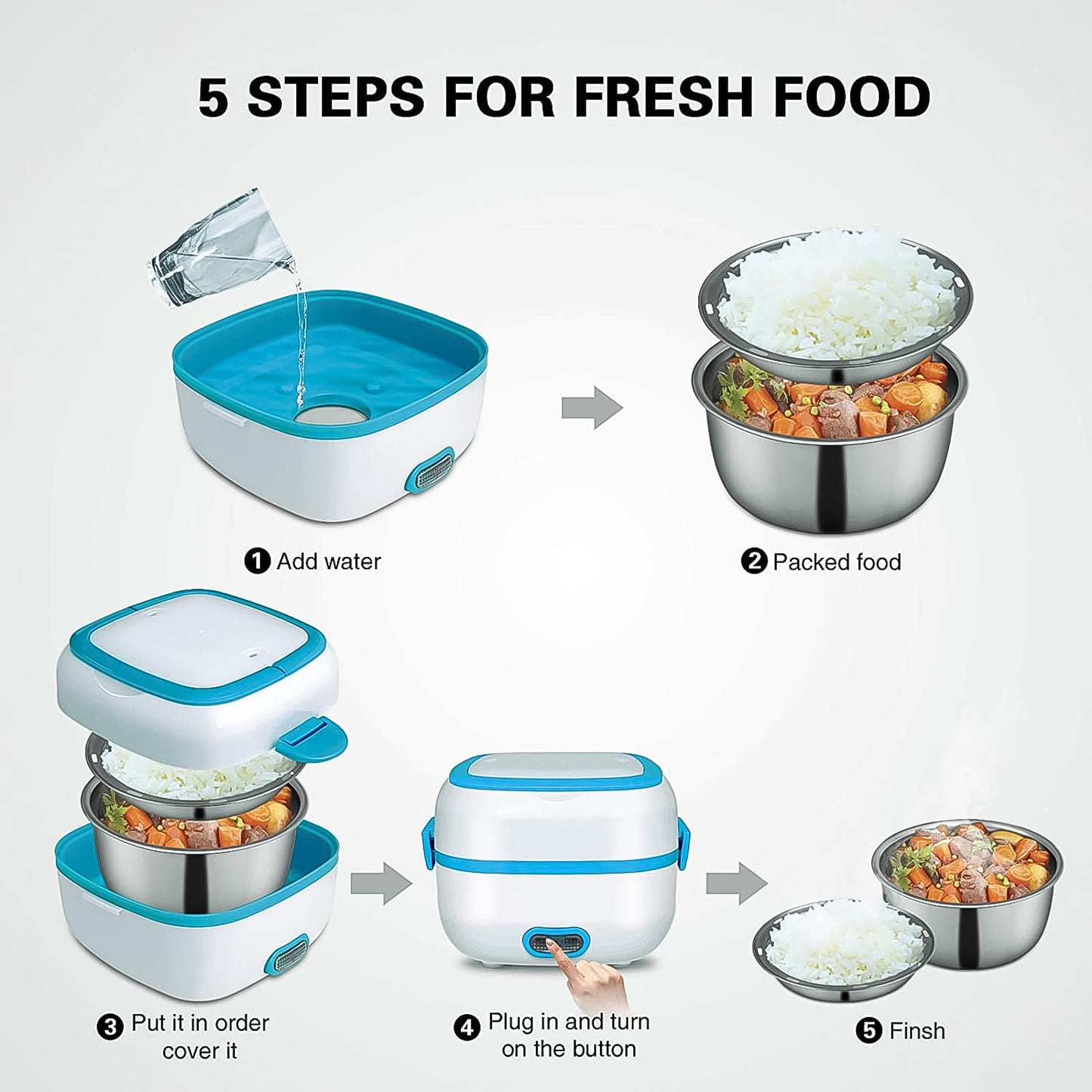 Electric Lunch Box 3 In 1 Food Heater Cooker Steamer With Stainless Steel Bowls (1 Set)