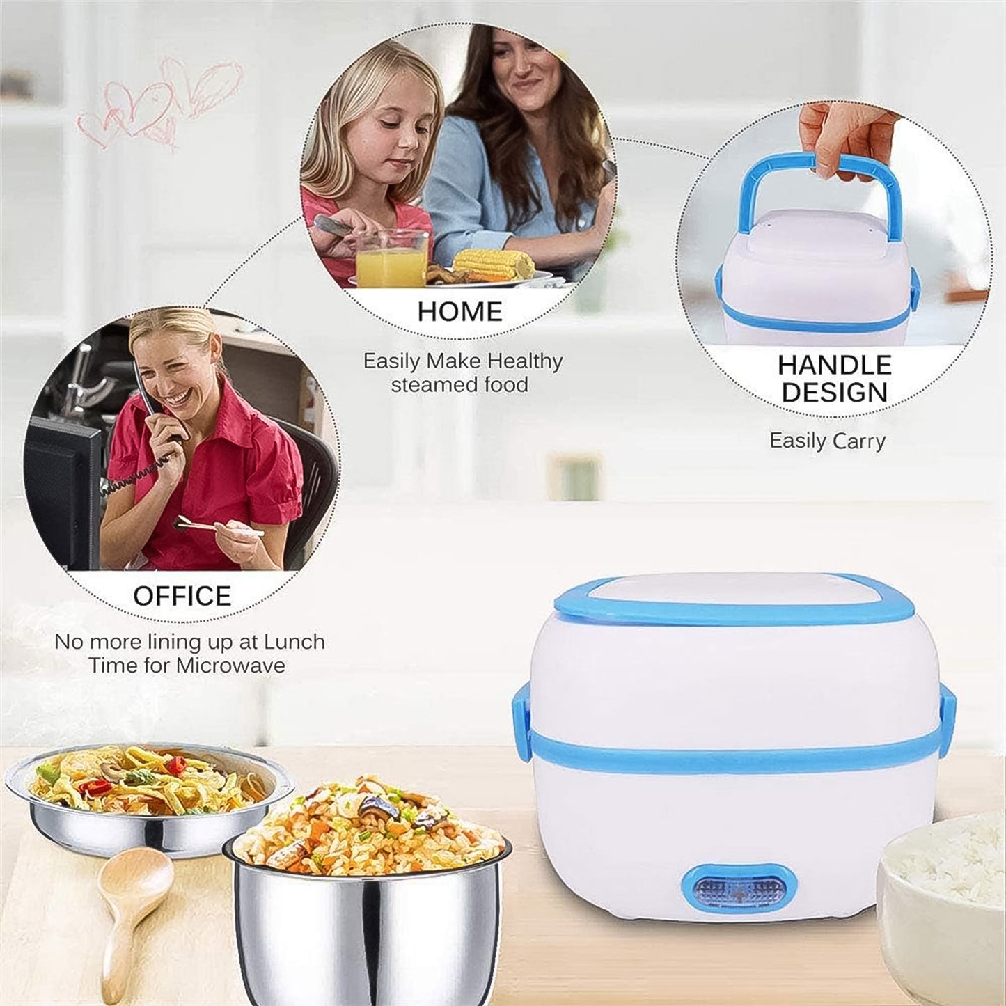 Electric Lunch Box 3 In 1 Food Heater Cooker Steamer With Stainless Steel Bowls (1 Set)